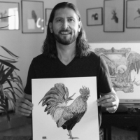 Headshot of artist Grant Smith holding a drawing of a chicken