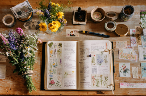 garden journal with drawings and pressed flowers