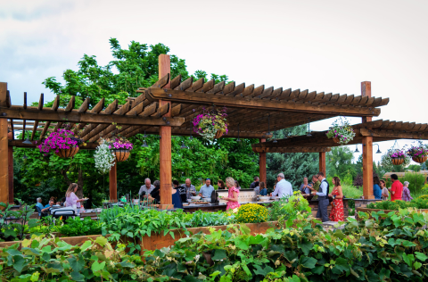 Visitors eating in the outdoor kitchen